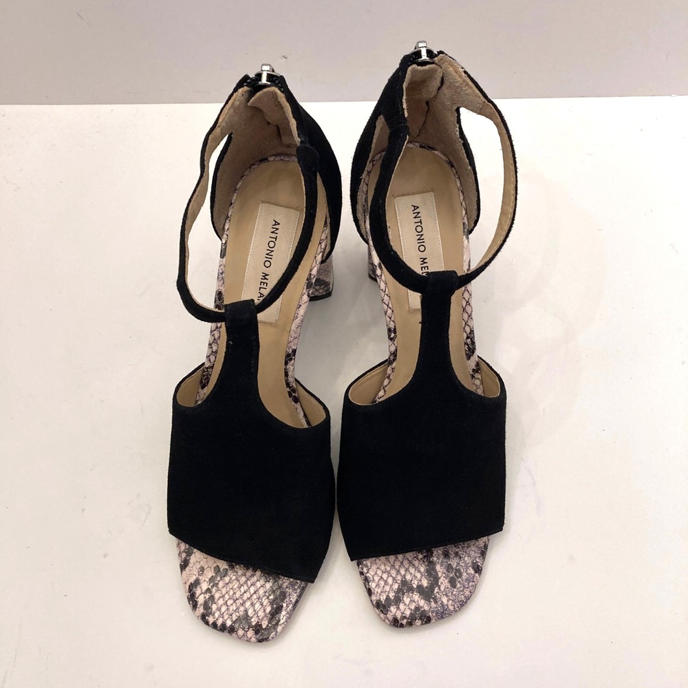 Antonio Melani Hilloray Heels T-Strap Sandal Snake Black Suede Leather Women 7.5